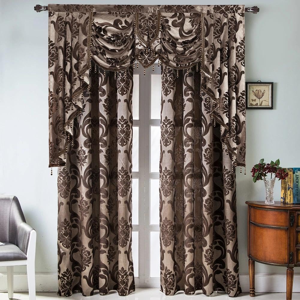 NAPEARL Window Valances for Living Room, Jacquard Damask Luxury Valance Curtains for Windows, Chocolate Brown Rod Pocket Waterfall Valance with Swags, 61-Inch Wide