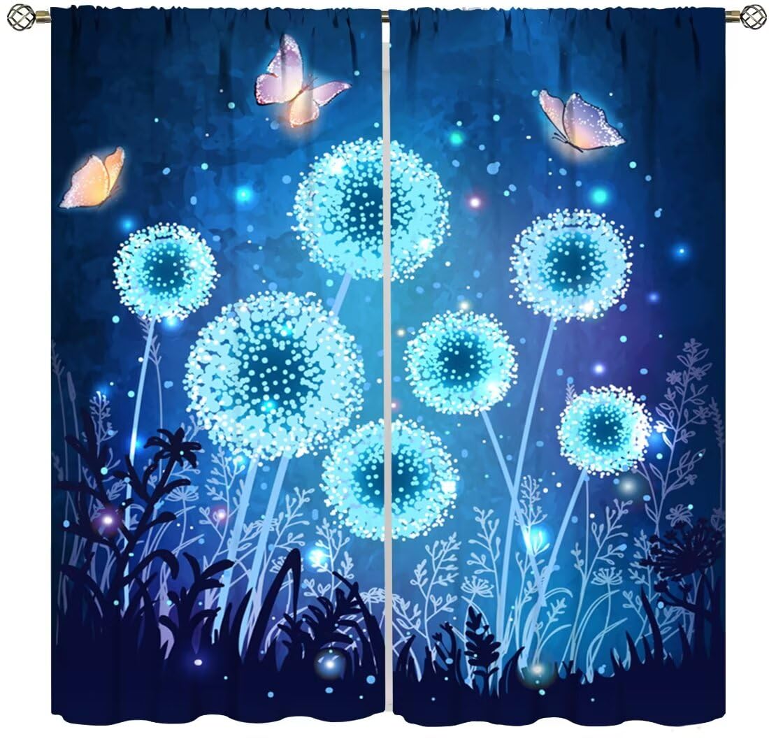 DDCBNS Fantasy Nature Window Curtains,Magical Garden Dandelion Window Treatments for Bedroom Living Room Nature Scenery Butterfly Print Drapes 2 Panels Set,Total Size 42 x 45 Inch