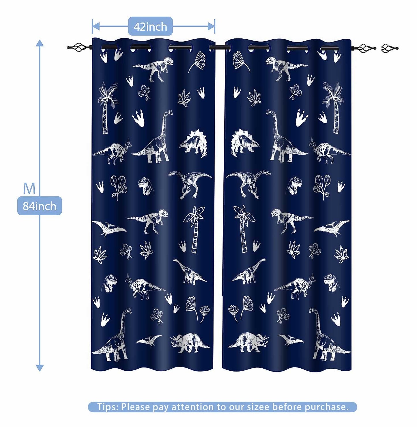 MIZSYE Navy Blue Dinosaur Printed Curtains Cartoon Dinosaur Graffiti Boys Bedroom Blackout Curtains Animal Printing Insulated Curtains Kids Teenage Playroom Living Room Decor 42x84Inch CLZYMS82