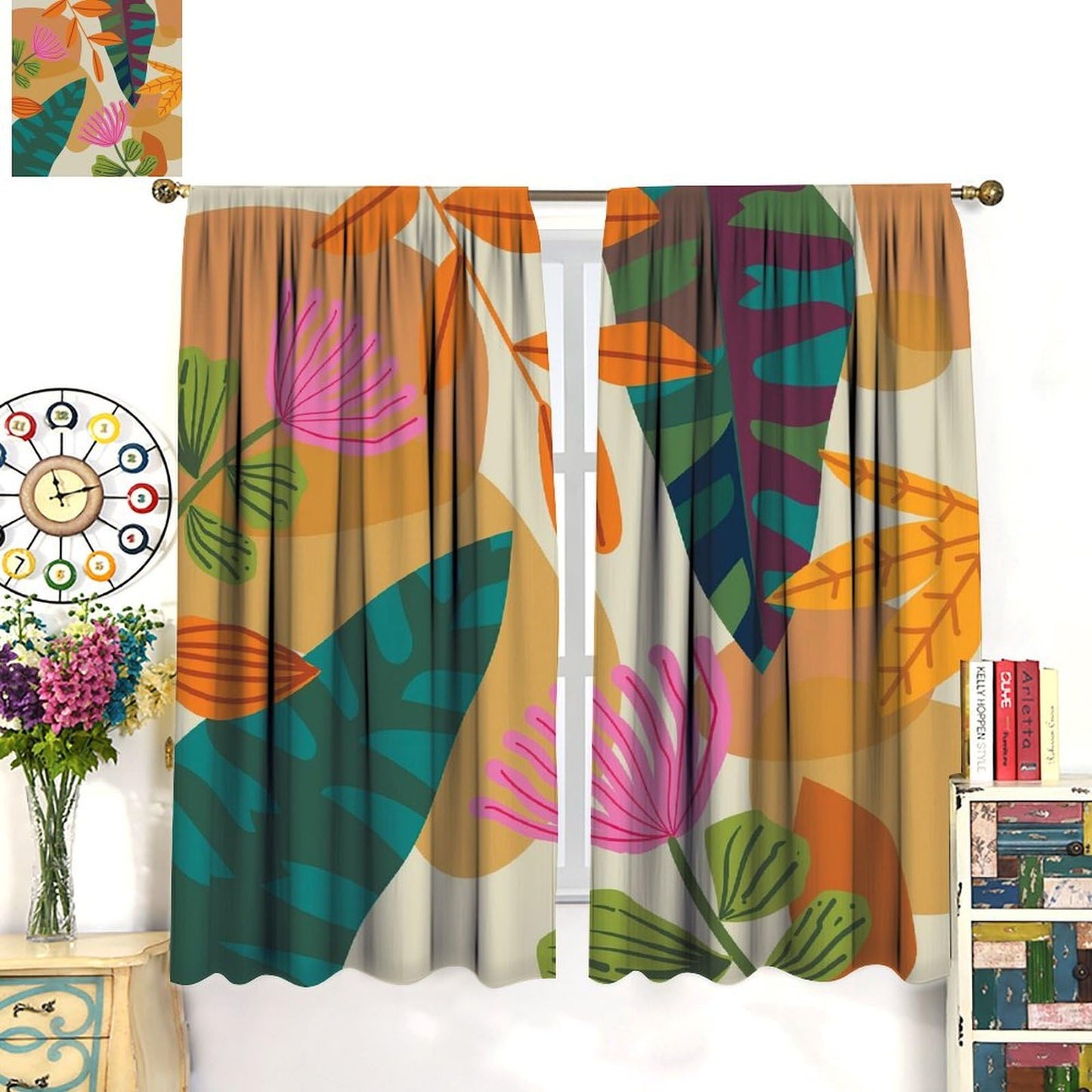 Nanacur Mid Century Leaves Flower Curtains, Boho Modern Abstract Tropical Leaf Floral Print Window Drapes, for Living Room Bedroom 42" W X 45" L (Decorative)