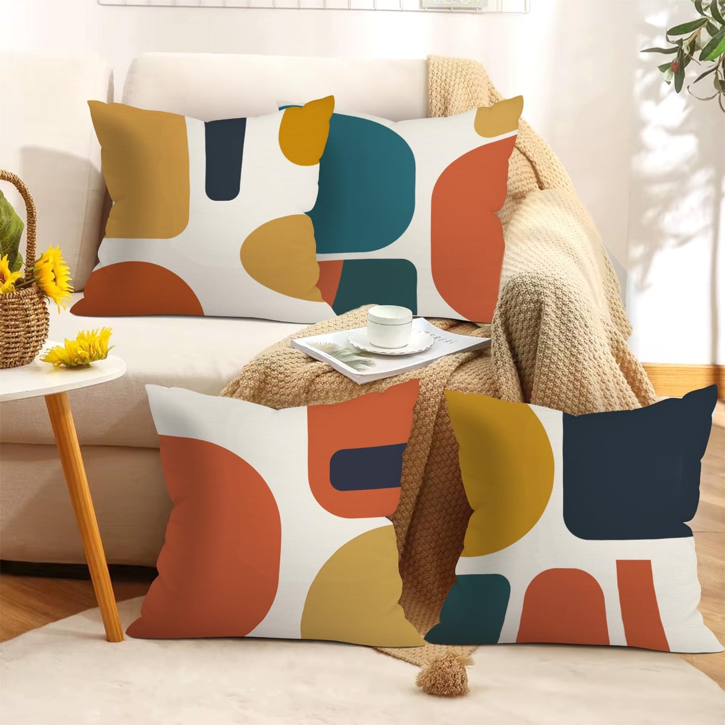 Joymaison Boho Abstract Geometric Throw Pillow Covers 18x18 Inch Set of 4 Orange Mid Century Modern Retro Cushion Covers Home Decor for Couch Cushion Cases
