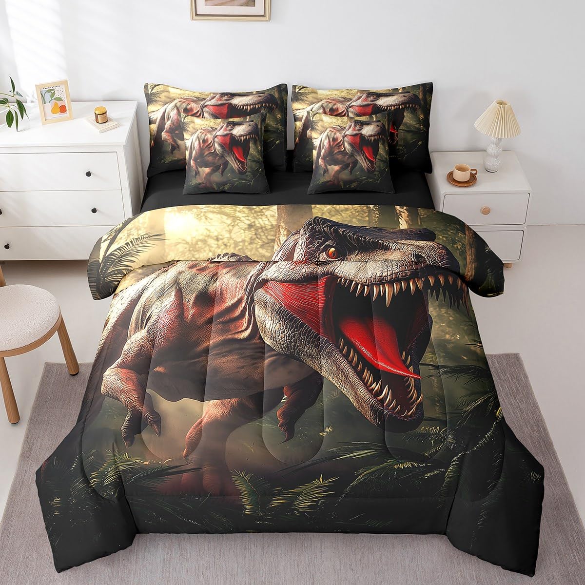 Erosebridal Dinosaur Queen Bedding Set - Fierce Animal Bed in A Bag,Forest Jungle Theme Comforter Sets with Sheets, Wild Animal Print 7 Pieces Bed Set Bedroom Decor