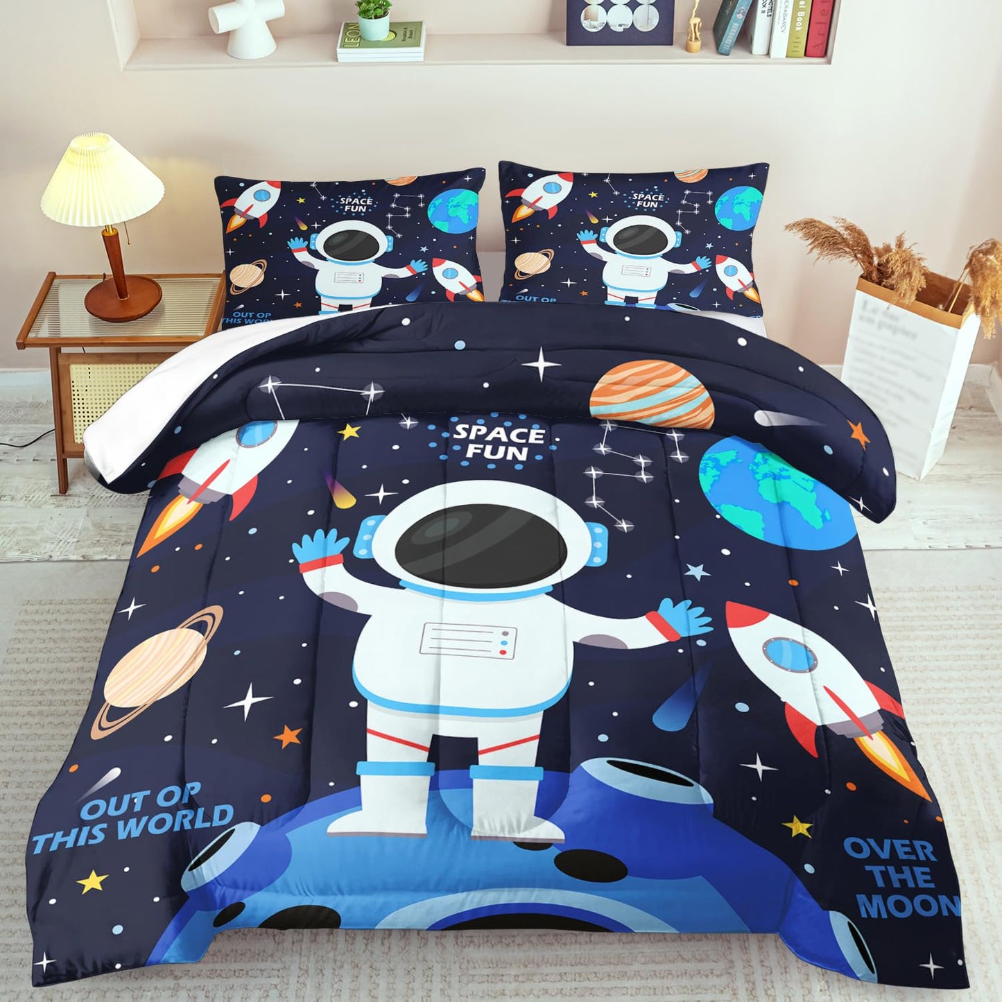 Llyxsest Blue Star Comforter Set Queen,Blue Space Bedding Set Queen for Boy,Star Quilt Space Themed Party Decorations,Galaxy Birthday Decorations for Kids and Adult