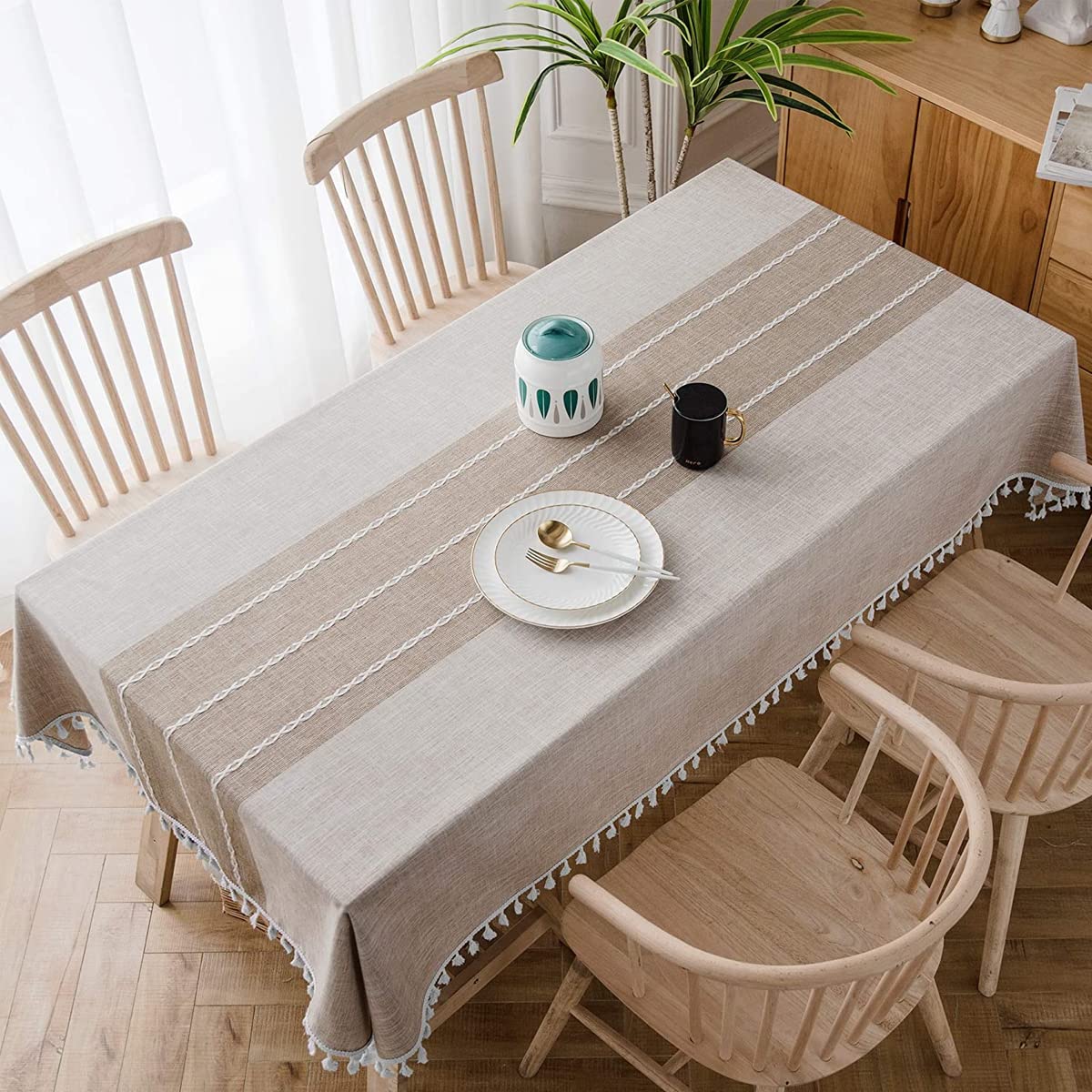 Linen Rectangle Table Cloth Waterproof Cotton Fabric Farmhouse Burlap Rustic Boho Coffee Tasseled Oblong Tablecloth for Party, Camping, Picnic, Kitchen and Dining Room Table Decor,55" x 86", 6-8 Seats