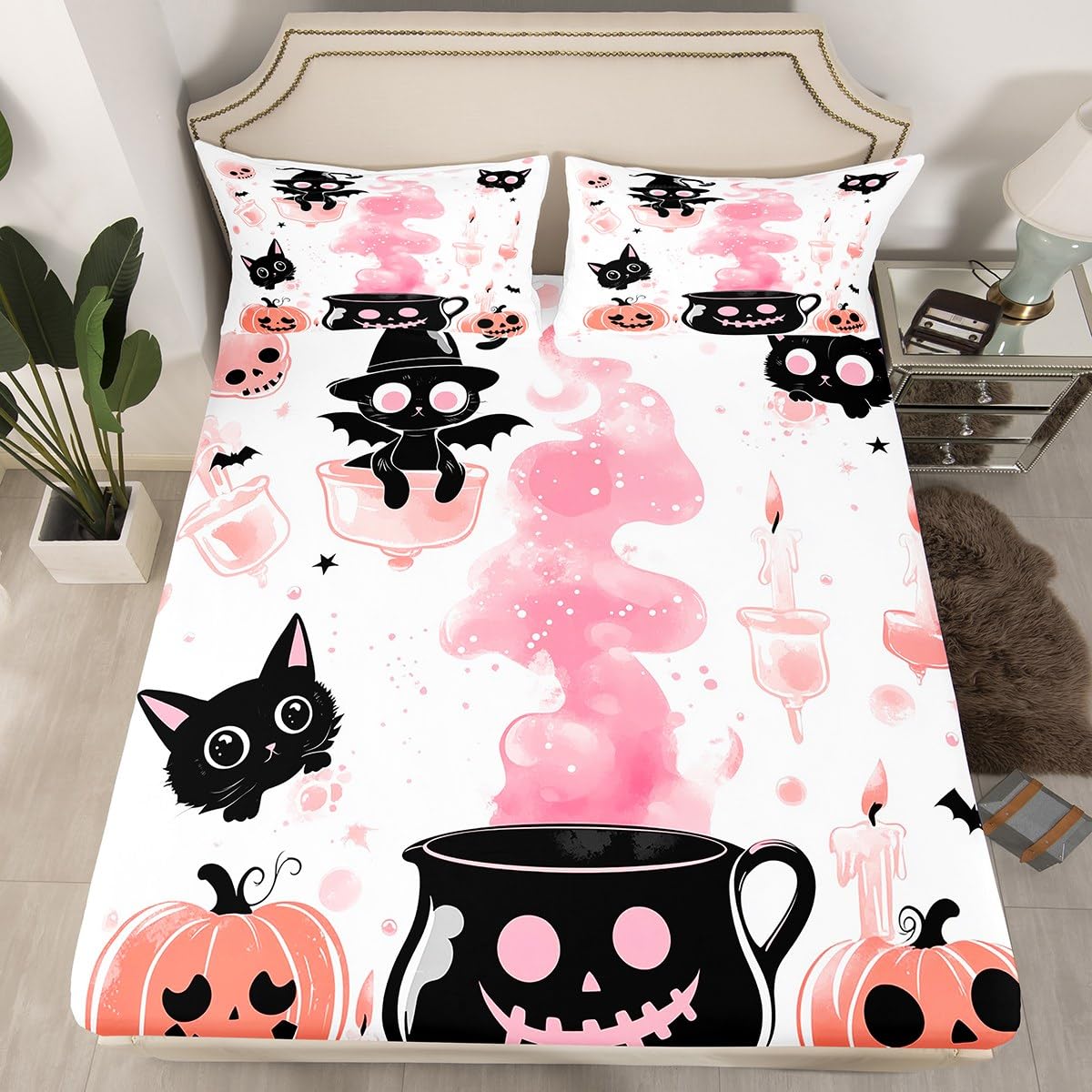 Feelyou Kids Halloween Bed Sheet Set Full Size, Pumpkin Fitted Sheet Boys Girls Cute Ghost Bedding Set Black Cat Teens Bedroom Decor with 2 Pillow Case (No Flat Sheet)