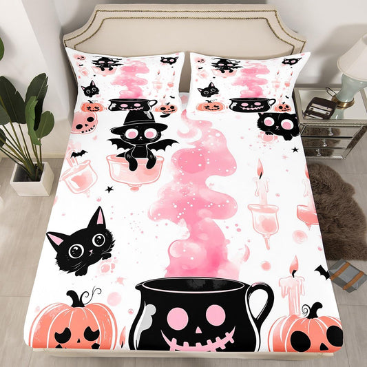 Feelyou Kids Halloween Bed Sheet Set Full Size, Pumpkin Fitted Sheet Boys Girls Cute Ghost Bedding Set Black Cat Teens Bedroom Decor with 2 Pillow Case (No Flat Sheet)