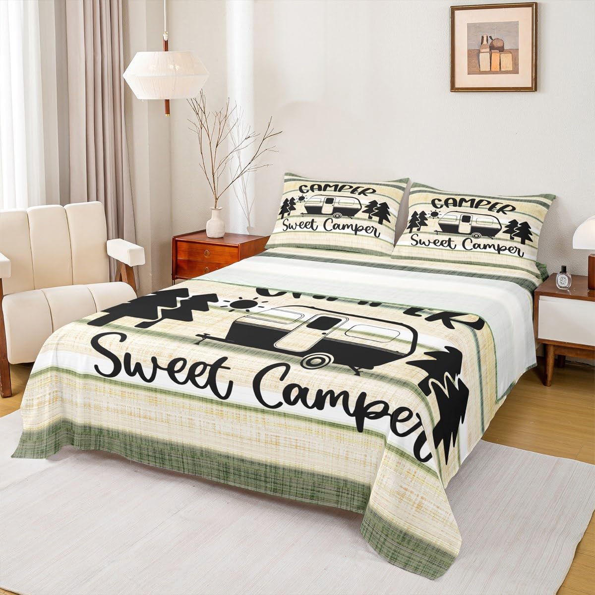 Feelyou Camper Sheet Set for Kids Boys Girls Sheets with Deep Pocket Fitted Sheet Happy Camping Bed Sheets Set Bedroom Decor RV Camping Camper Accessories for Travel Trailers Bedding Set Full 4Pcs