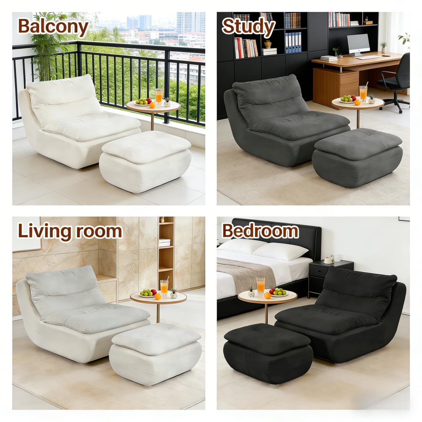 BTFYOU Boneless Chaise Lounge Chair, Large Memory Foam Bean Bag Chair with Ottoman for Adults and Kids, Comfy Sofa Bed Couch for Bedroom Living Room, No Assembly(Gray)