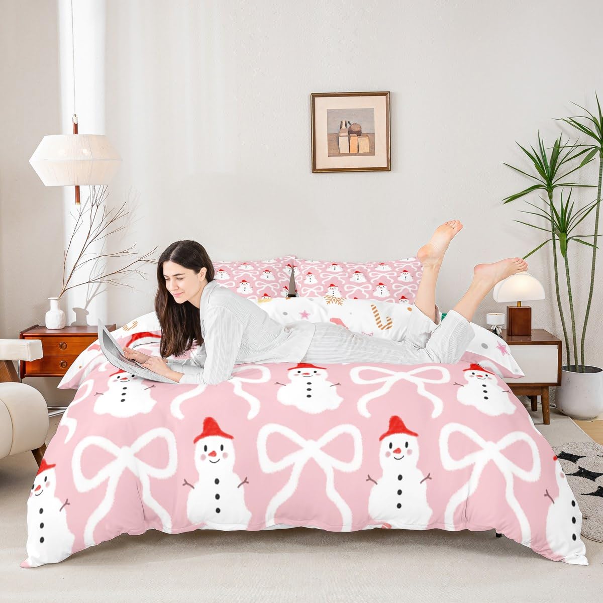 Xmas Snowman Bedding Sets Twin Size,Cartoon Bow Print Duvet Cover Set 2Pcs for Kids Girls Boys Adult Room Decor,Santa's Hat Snowman Comforter Cover Pink Christmas Quilt Cover,1 Pillowcase