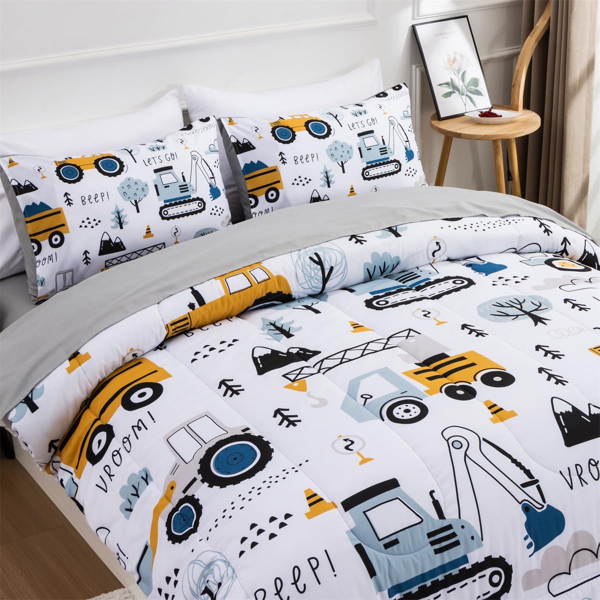 NTBED 5 Pieces Construction Truck Twin Comforter Set for Boys Kids Forest Vehicles Excavator Lightweight Microfiber Bedding Sets