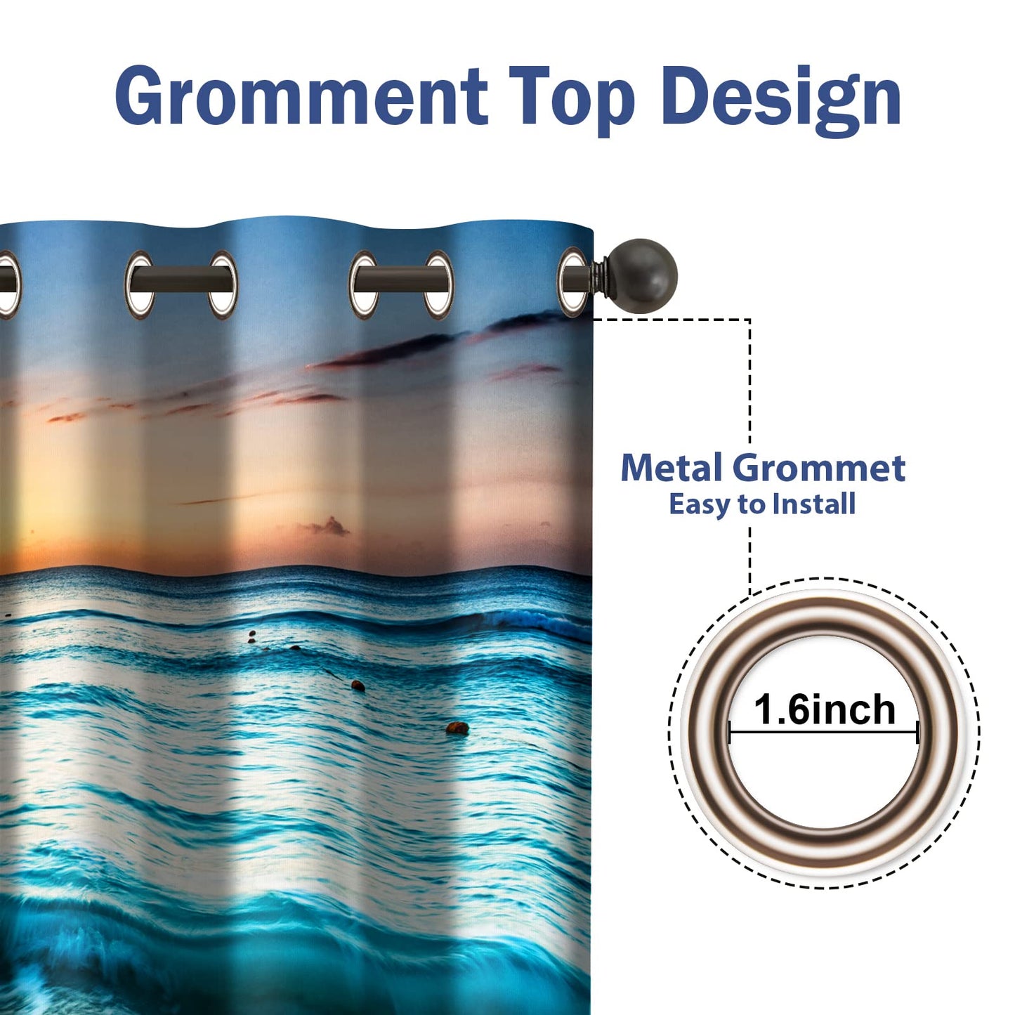 Jekeno Beach Ocean Waves Blackout Curtains Tropical Sea Sunrise Seaside Coastal Scenic Hawaiian Scenery Decor for Home Bedroom Living Room Darkening Grommet Window Drapes 2 Panel Set, 52"x84"