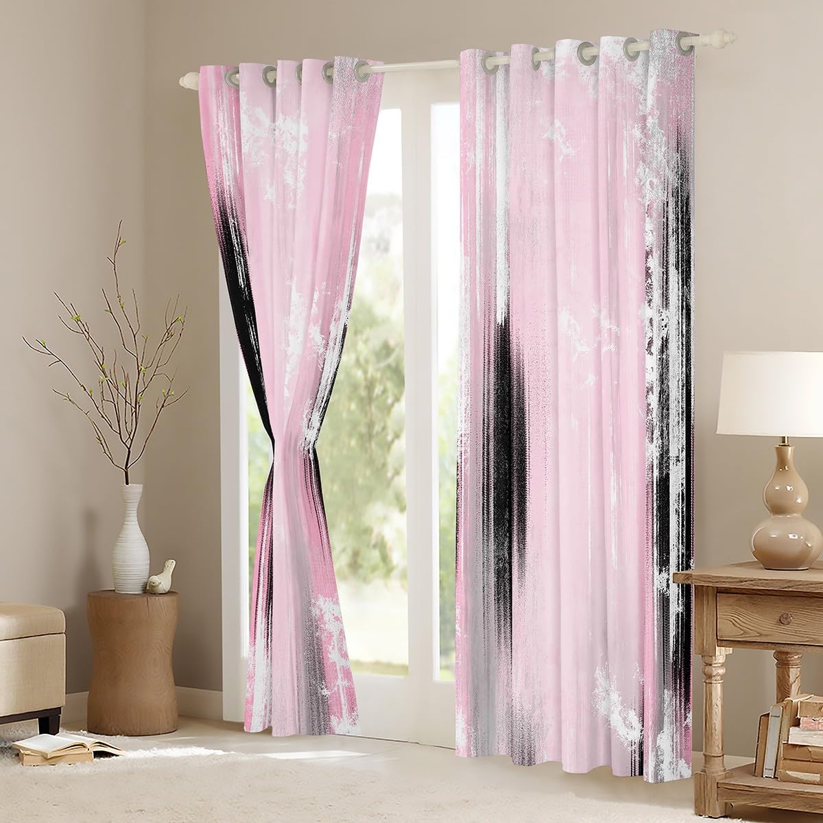 Feelyou Abstract Curtains for Bedroom Living Room Modern Abstract Art Blackout Darkening Drapes Pink Gray White Window Treatments, 2 Panels 38 x 45 Inch Luxury Room Decor