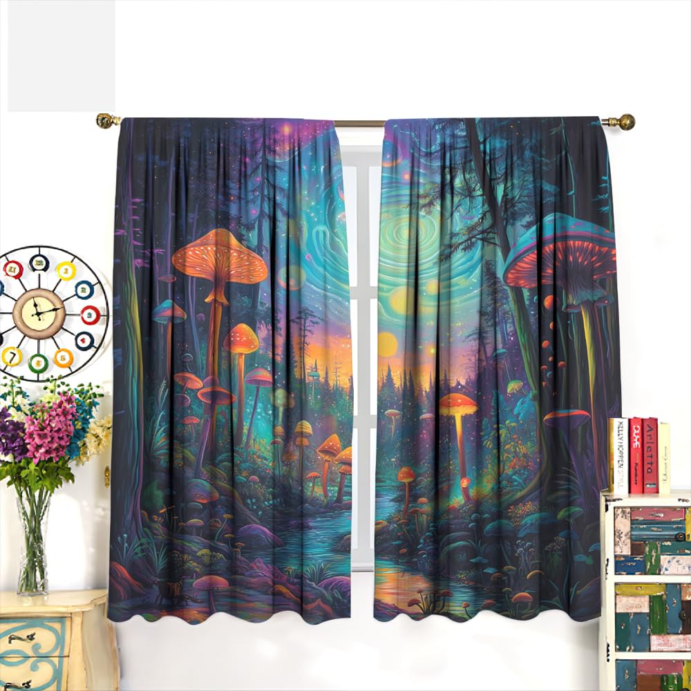 SOPIYRIO Abstract Forest Mushroom Blackout Curtains Rustic River Fantasy Landscape Rod Pocket Window Drapes Room Darkening Curtains for Bedroom 2 Panels 21 W x 45 L inch