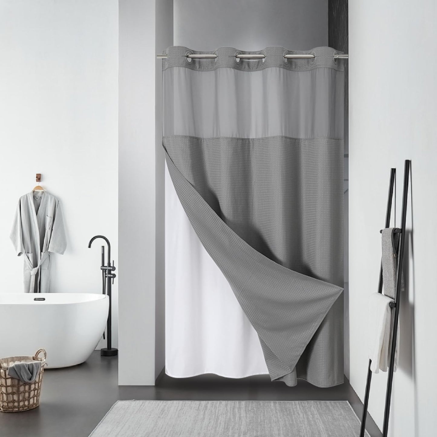 eachope Grey No Hook Waffle Weave Shower Curtain with snap-in Liner Replacement, 230GSM Waterproof Fabric Hotel Shower Curtain Set for Bathroom, Through Mesh Top Window,60Wx74H