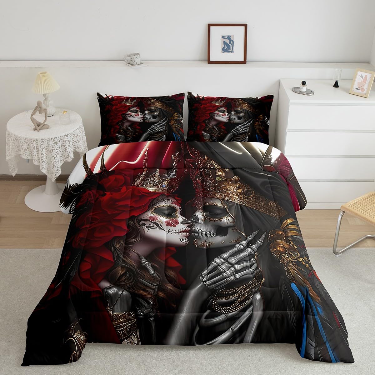 Erosebridal Gothic Skull Bedding Set King Size,Ethnic Tribes Love Comforter Set,Valentine's Day (Comforter+Fitted+Flat Sheet+2 Pillowcases+2 Throw Pillow Covers) 7 Pieces Rose Crown Couple Bed Set