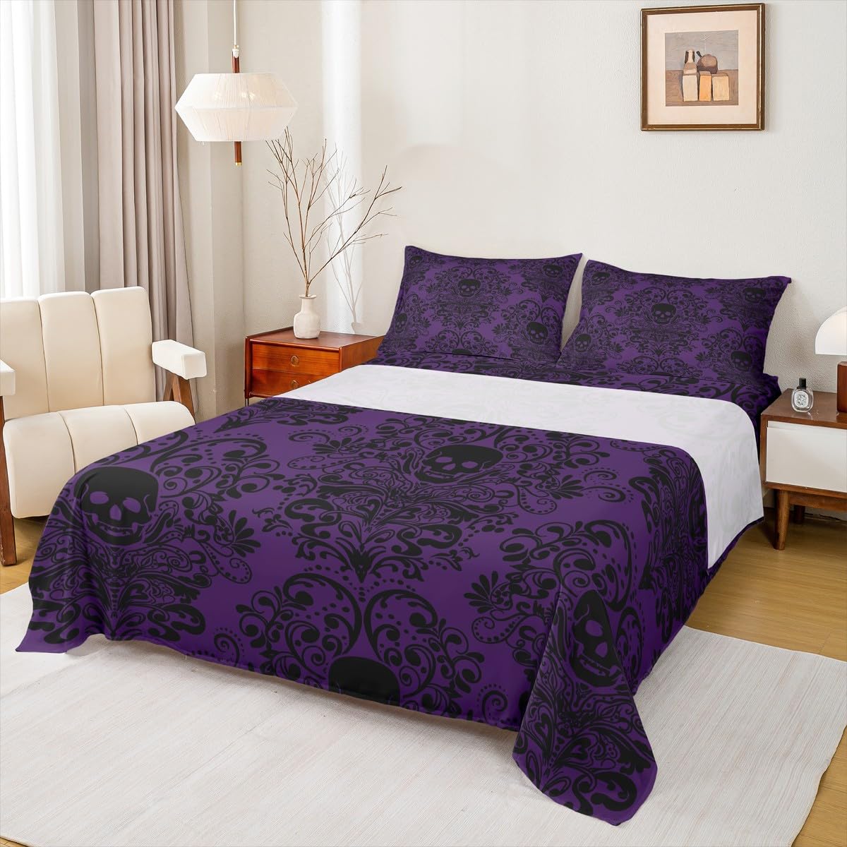 Feelyou Gothic Skull Bed Sheets Set Full Size Damask Print Deep Pocket Fitted Sheet Goth Bohemian Bedding Sets Black Purple Soft Bed Set 4Pcs with 2 Pillow Cases