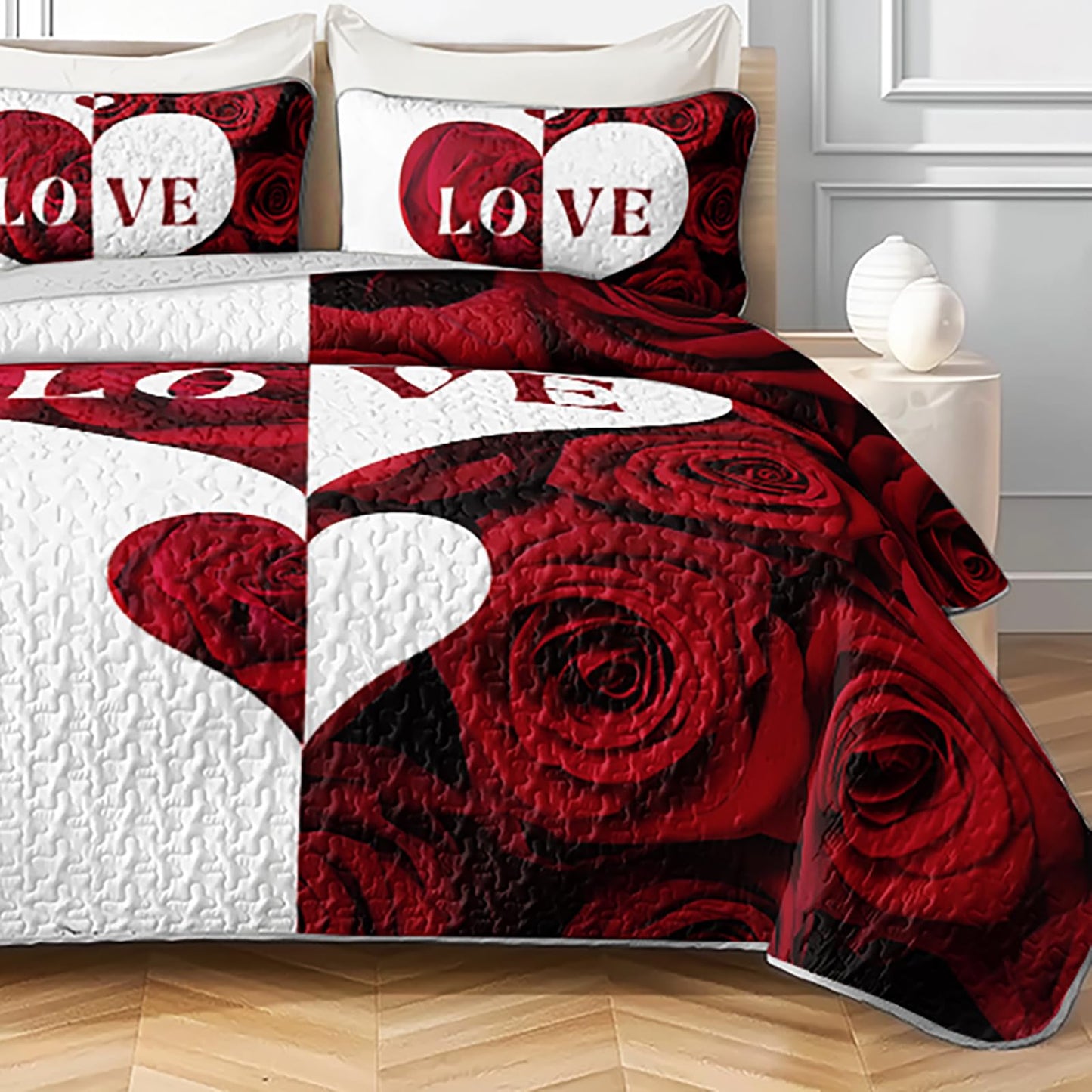 AILONEN Red Rose Bedding Quilt Set King Size - Red & White Flower Bedspread Coverlet Soft Lightweight - 3 Pieces Romantic Hearts Lover Quilt & 2 Pillowcases