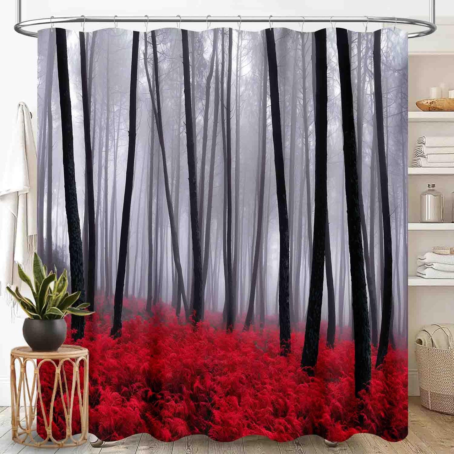 TKUYO Forest Shower Curtains, Gothic Black Red Misty Jungle Nature Enchanted Foggy Mountain Landscape Scenery Woodland Goth Waterproof Fabric Bathroom Shower Curtain Set with Hooks, 72"x72" Inch