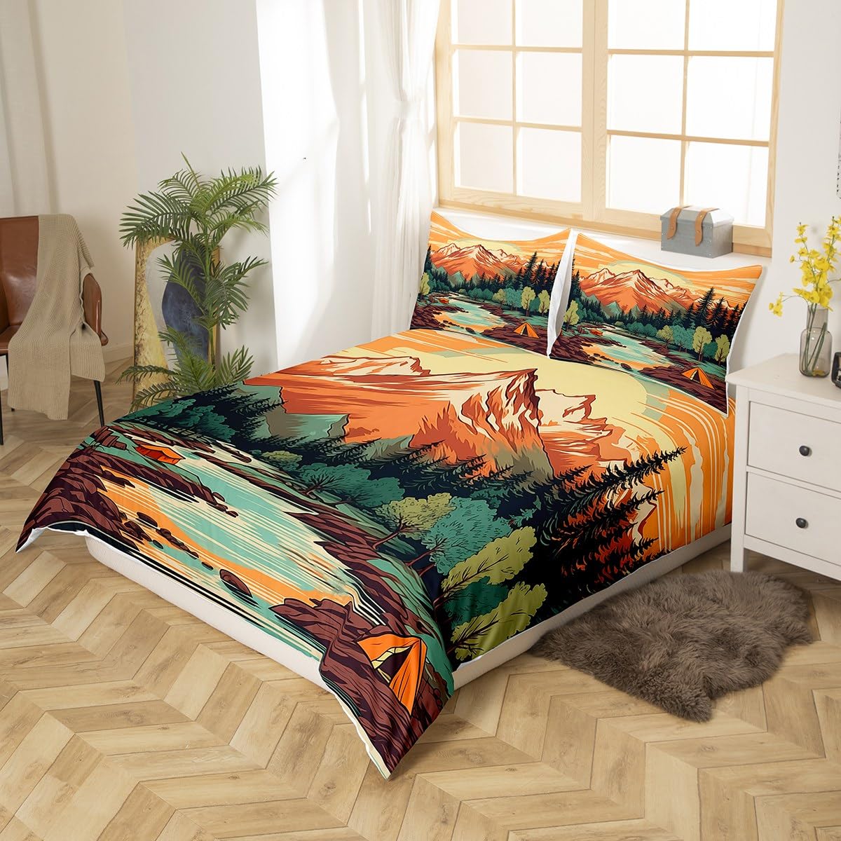Mountain River Duvet Cover Set Full Size,Retro Adventure Theme Comforter Cover 3Pcs,Nature Scenery Tent Bedding Set Kids Boys Girls Room Decor,Camping Bedspreads Cover,2 Pillowcases(NO Comforter)