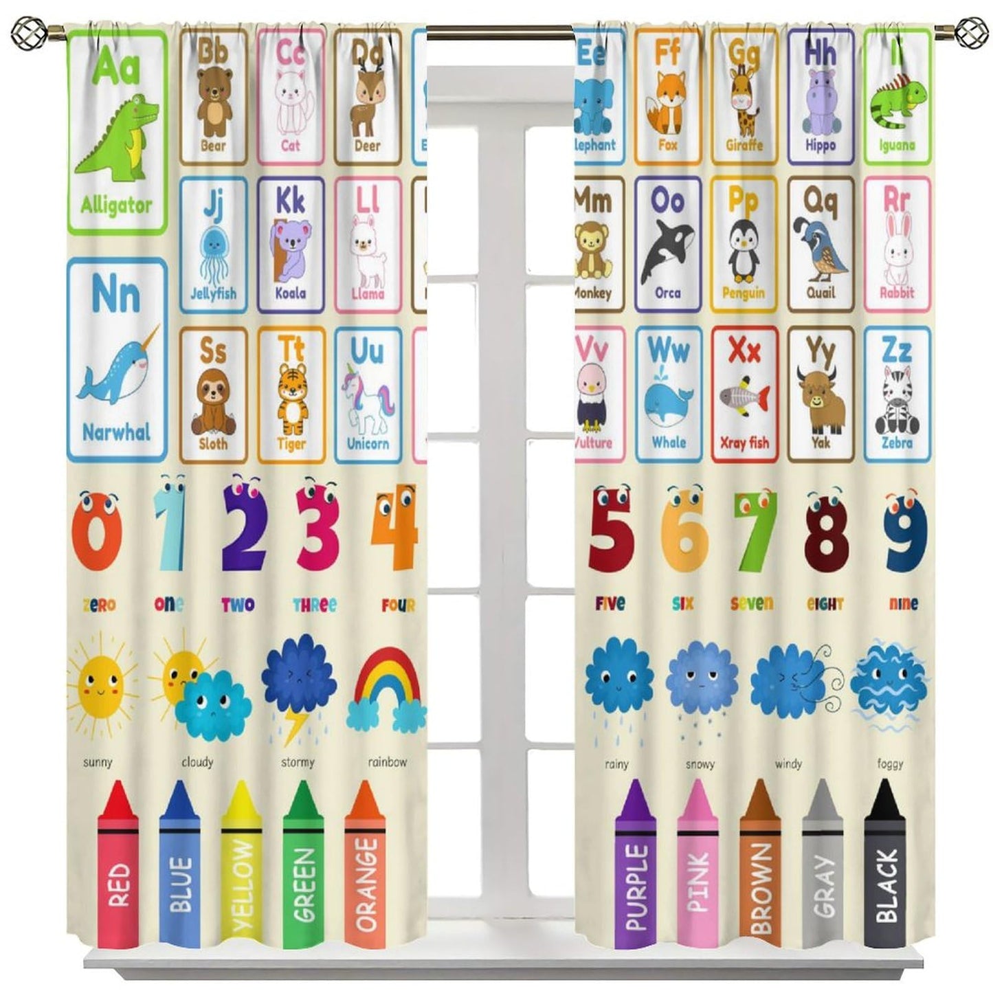 AAVEUP Alphabet Education Curtains, Cartoon Animal Alphanumeric ABC Color Learning Pencils Windows Treatments Drapes for Kids Baby Nursery Children Toddler Bedroom 42x45in（No Blackout）