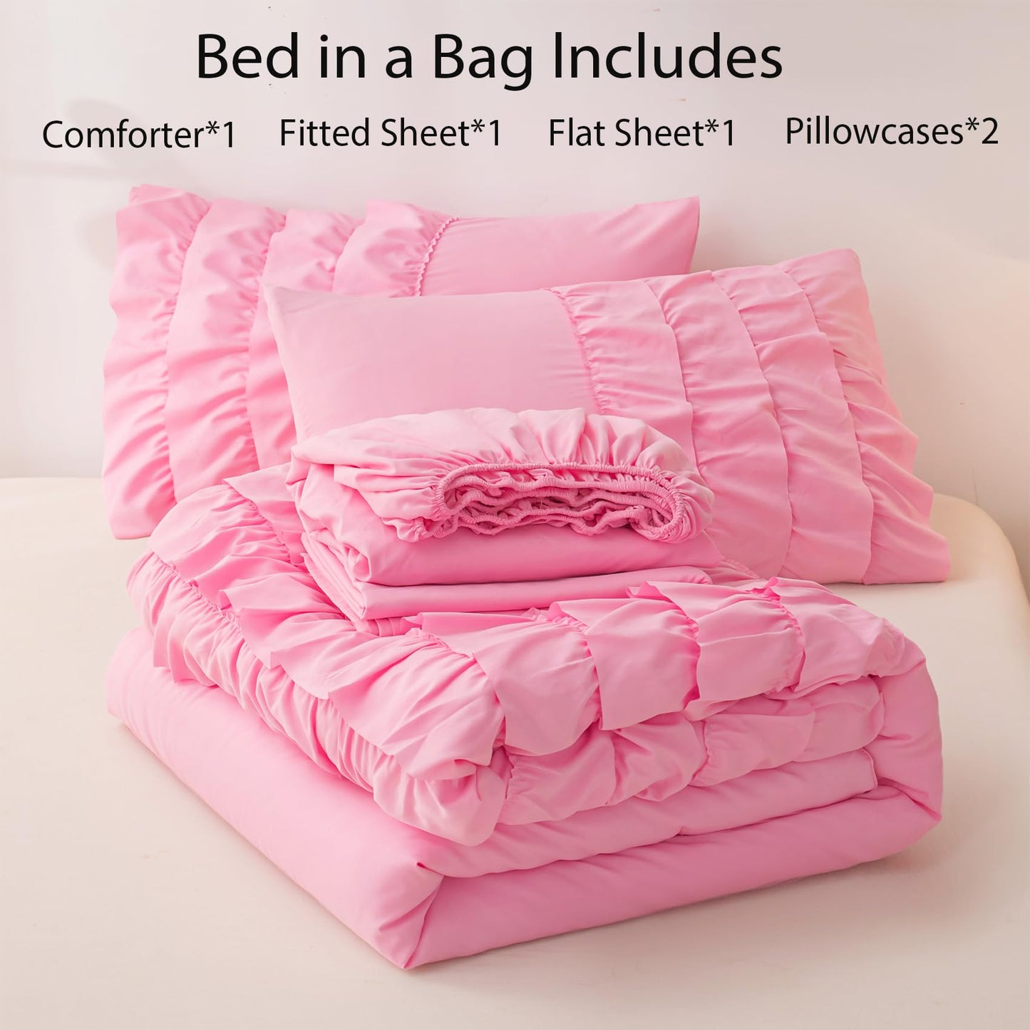 Yadangxiawa Pink Comforter Set Twin, 5-Piece Bed in a Bag Twin for Teen Girls, Pink Ruffle Bedding Set for Girls Kids, Teen Girl Bedding Sets,Princess Dress Comforter for All Season