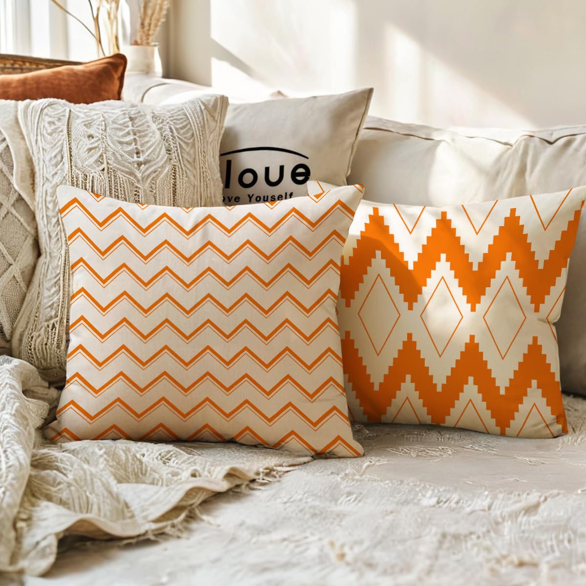 ULOVE LOVE YOURSELF Square Decorative Throw Pillows Cushion Covers Modern Geometry Print Home Pillowcases 18 X 18 Inch,4 Pack (Orange)