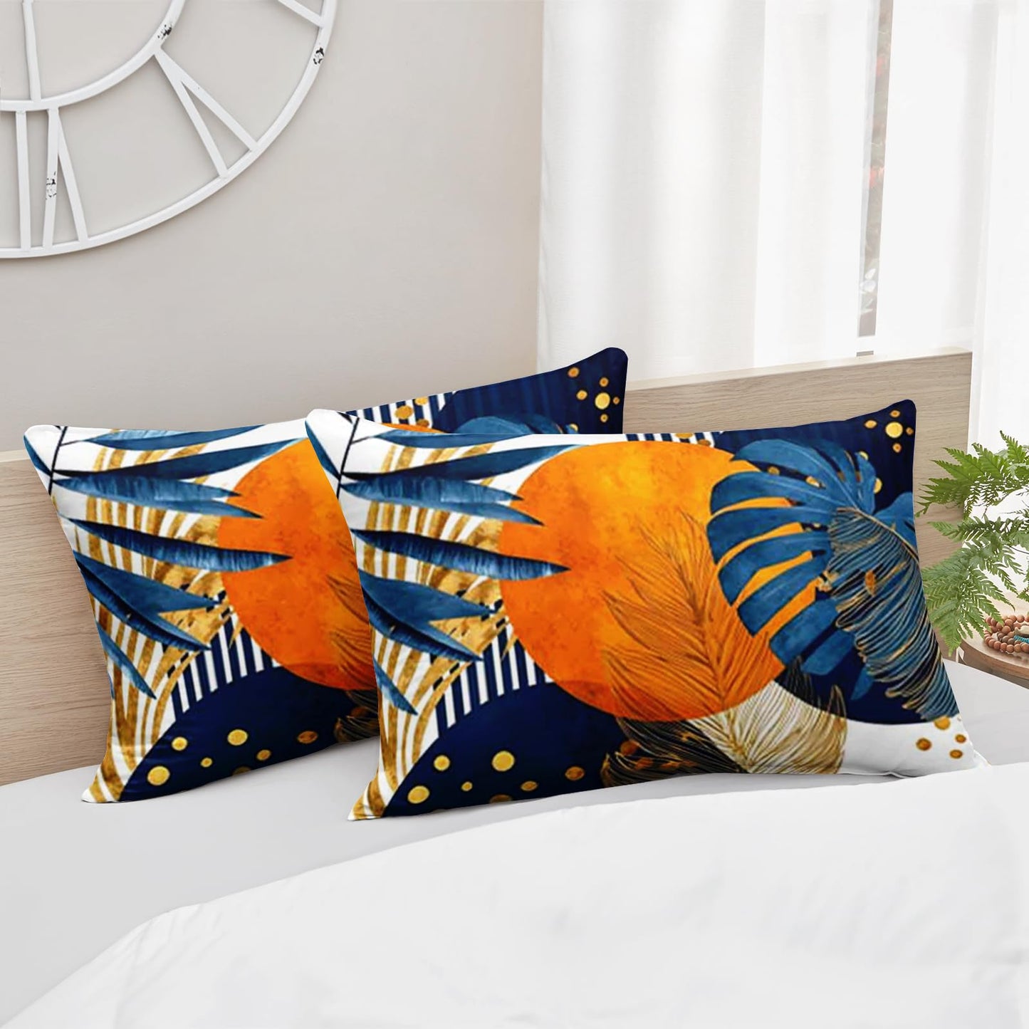 AILONEN Twin Comforter Set 3 Piece, Orange Sun Palm Bedding with 2 Pillowcases, Navy Geometric Cover for Kids Dorm Room
