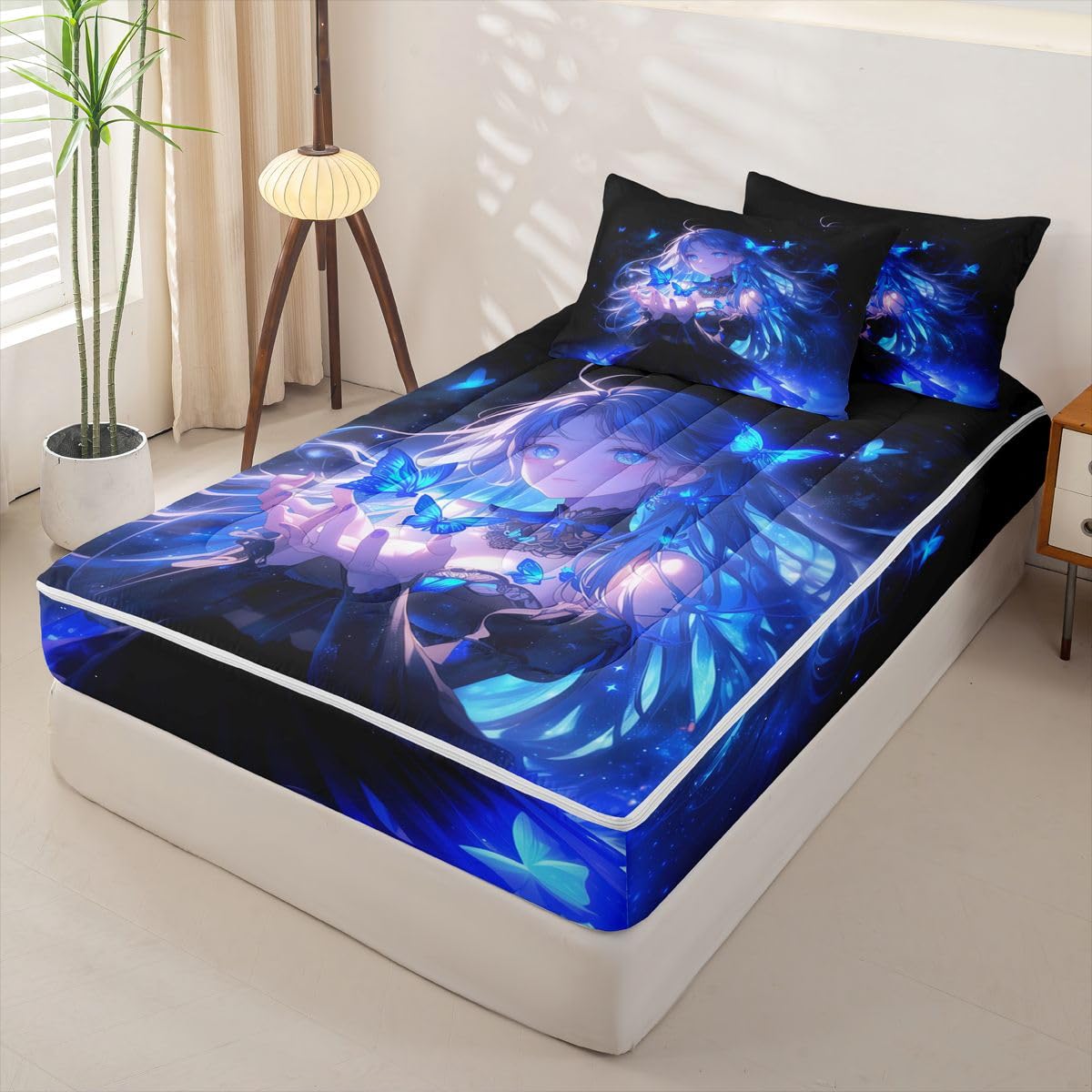 Erosebridal Japanese Girl Zipper Bedding Twin Size, Anime Gifts Kids Comforter Set - Butterfly Decorations Zip Up Comforter Bed in A Bag