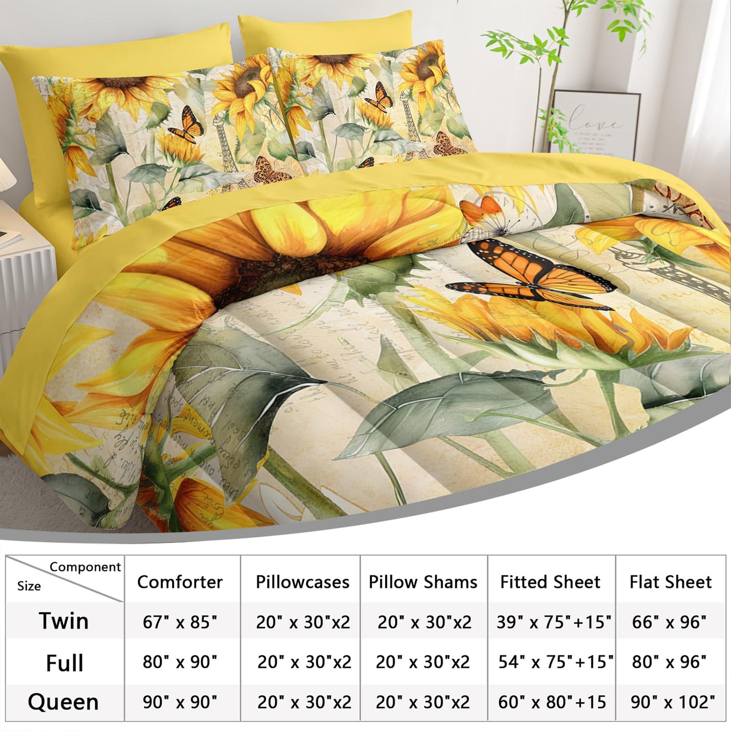 AILONEN 7-Piece,Sunflower Comforter Set for Kids Girls,Yellow Floral Botanical Bed in a Bag Twin Size,Eiffel Tower Butterfly Comforter & Fitted Sheet with Flat Sheet,2 Pillowcases,2 Pillow Shams