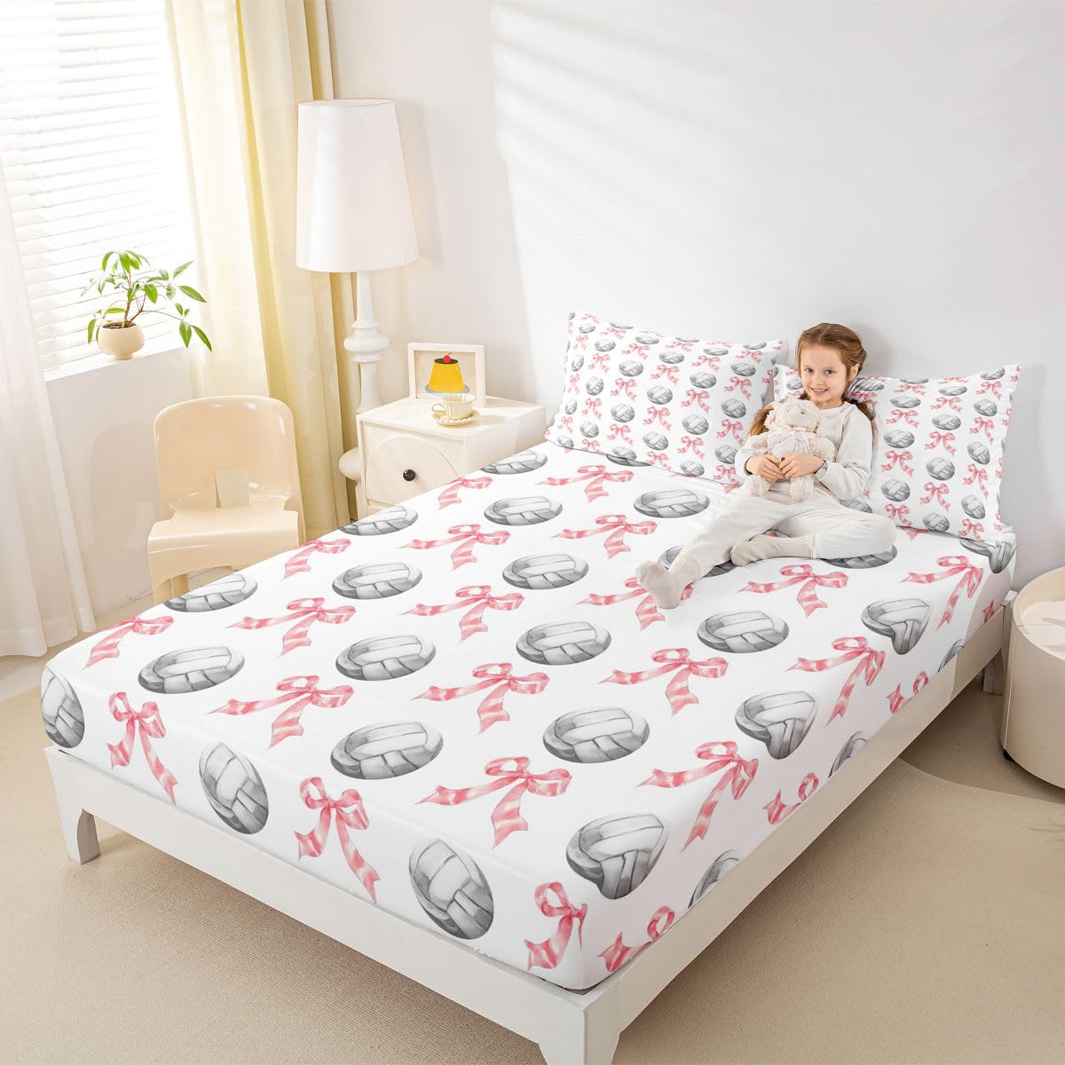 Castle Fairy Pink Bowknots Fitted Sheet Queen Size (No Flat),Cartoon Volleyball Bedding Sets 3Pcs,Girls Boys Adult Room Decor,Sports Theme Bed Cover Cute Kawaii Deep Pocket Sheet,2 Pillowcases