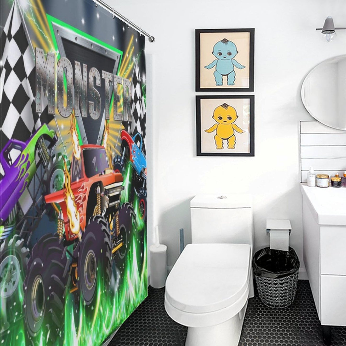 Lnepty Racing Car Kids Shower Curtains,3D Fleet Racing Car Stadium Game Cool Monster Truck Theme Decor Curtains Waterproof Fabric Bathroom Shower Curtain Set with Hooks,72x72Inch