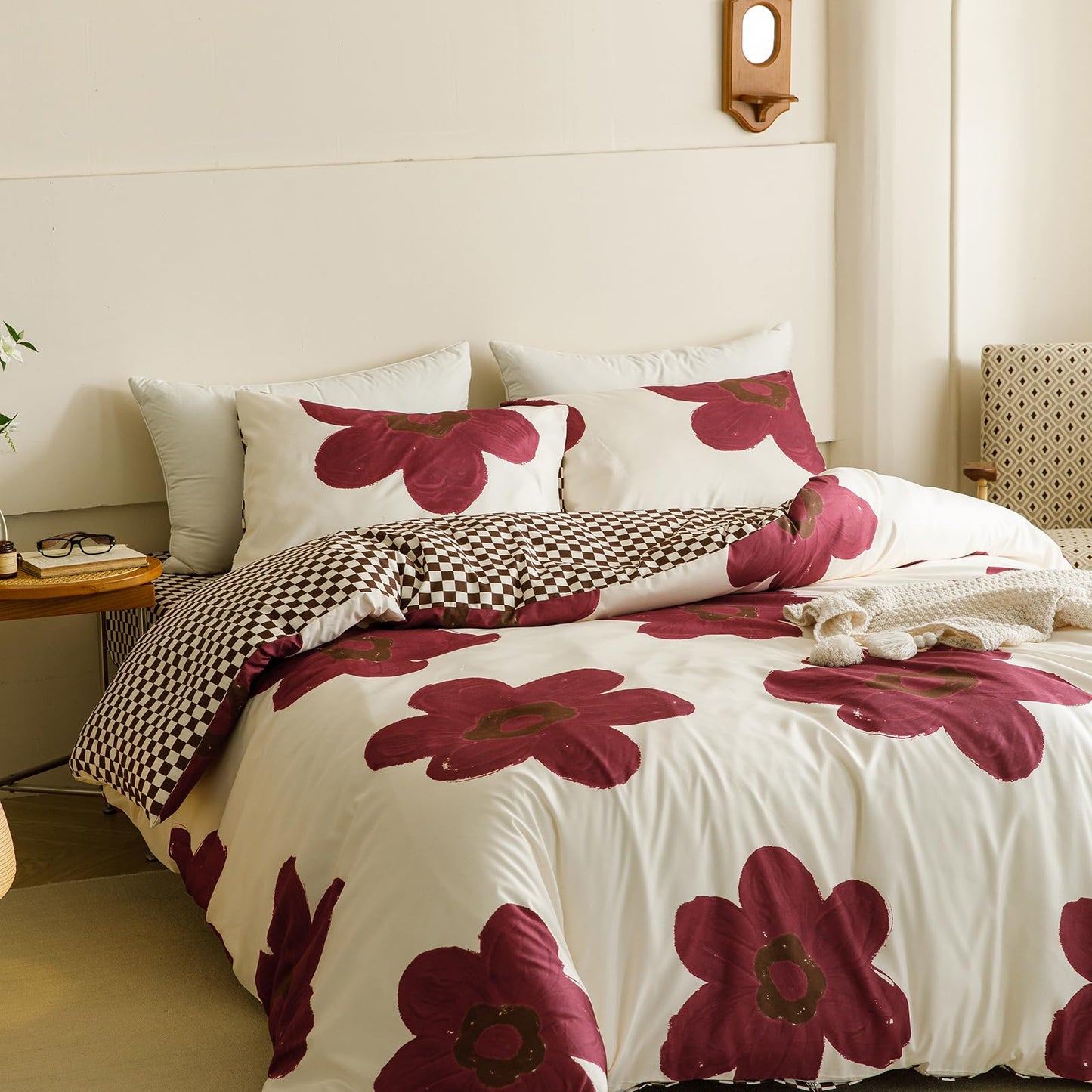 CLOTHKNOW Burgundy Sunflower Queen Comforter Set Floral Bedding Comforter Sets Brown Plaid Queen Comforter Soft All Season