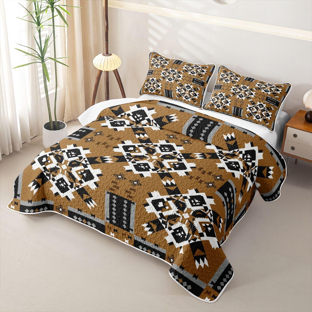 Caramel Tan Southwestern Kids Queen Quilt Bedding Set,Soft Bedspread Coverlet Quilted Blanket,Aztec Tribal Black White Geometric 3 Piece Quilted Bedding for Boys Girls Teens Quilted Comforter
