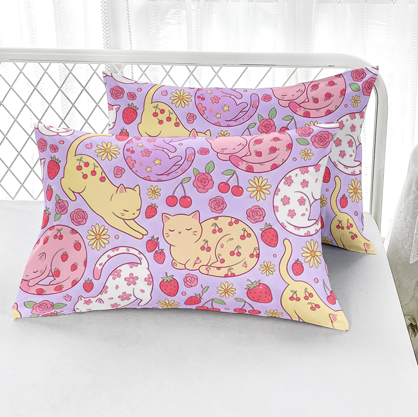 AILONEN Sleeping Cat Twin Fitted Sheet Set, 3 Piece Microfiber Bedding Pack with 2 Pillowcases, 16 Inch Deep Pocket, Purple Floral Room Style