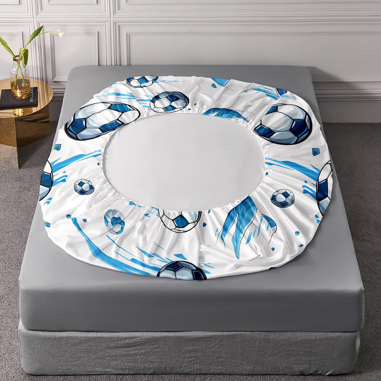AILONEN Kids Soccer Full Size Fitted Sheet Set, Sport Football Bed Sheet, Blue Graffiti Bedding for Boys Adults, 1 Fitted Sheet With 2 Pillowcases, 3 Piece