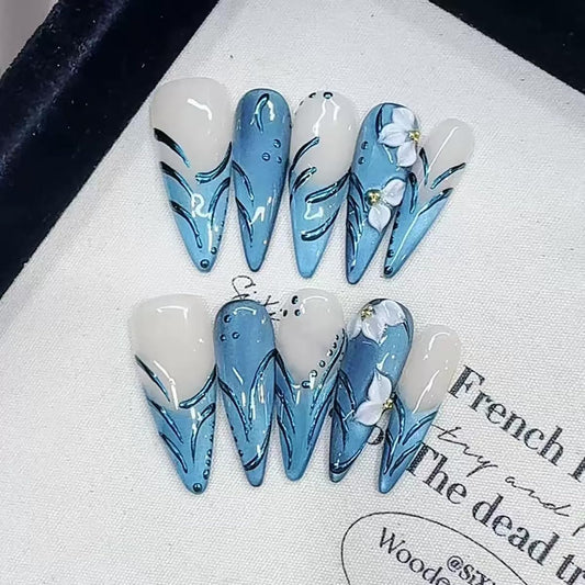 Handmade Press on Nails Long Stiletto False Nails Blue Cat's Eye Fake Nails with 3D Flower Designs Sparkly Charm luxury Artificial Nails for Women (Size M）10pcs