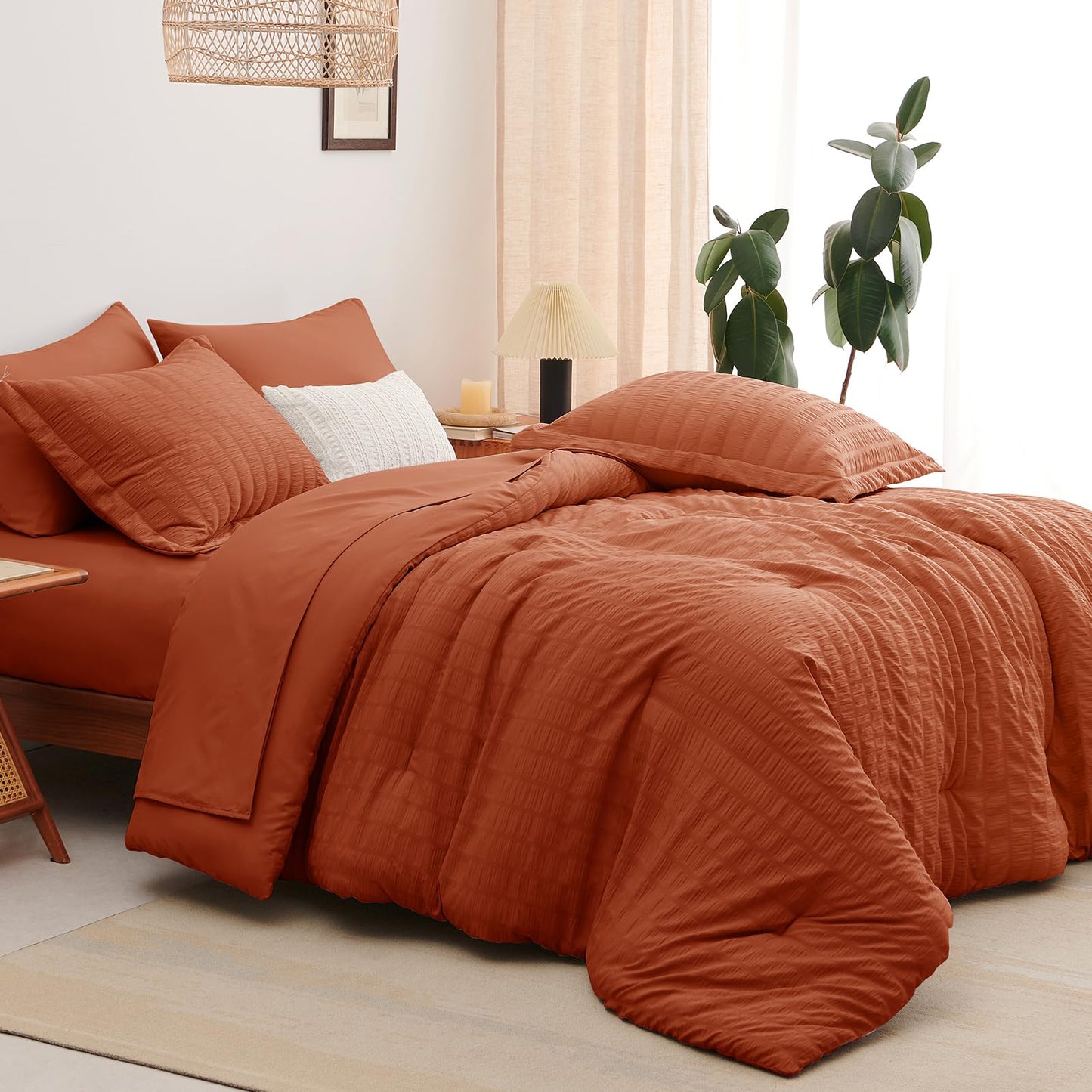 CozyLux Queen Comforter Set Burnt Orange, 7 Pieces Seersucker Textured Luxury Bed in a Bag, Terracotta All Seasons Bedding Sets with Down Alternative Comforter, Sheets, Pillowcases & Shams, Home Gift