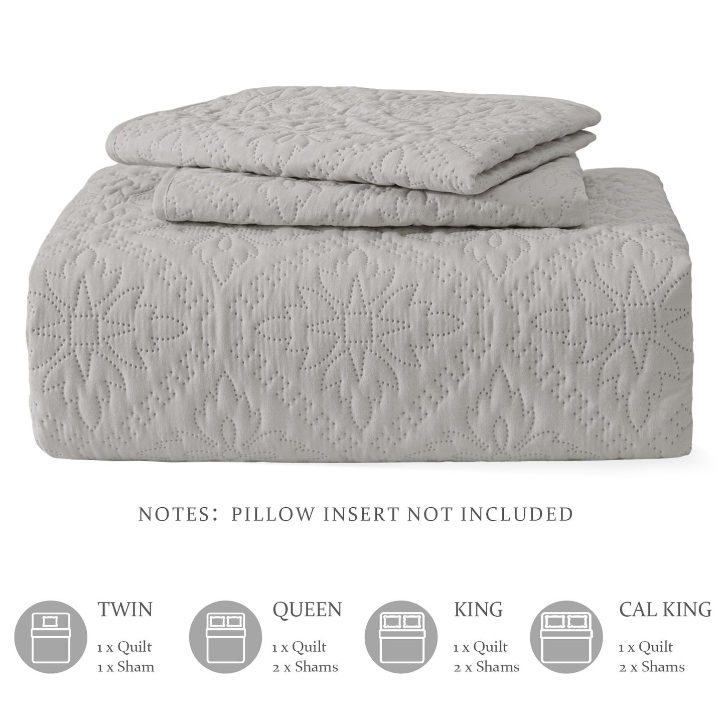 Exclusivo Mezcla King Quilt Bedding Set, Lightweight Soft Bedspreads Coverlets with 2 Pillow Shams, Modern Light Grey Oversized Quilts King Size for All Seasons