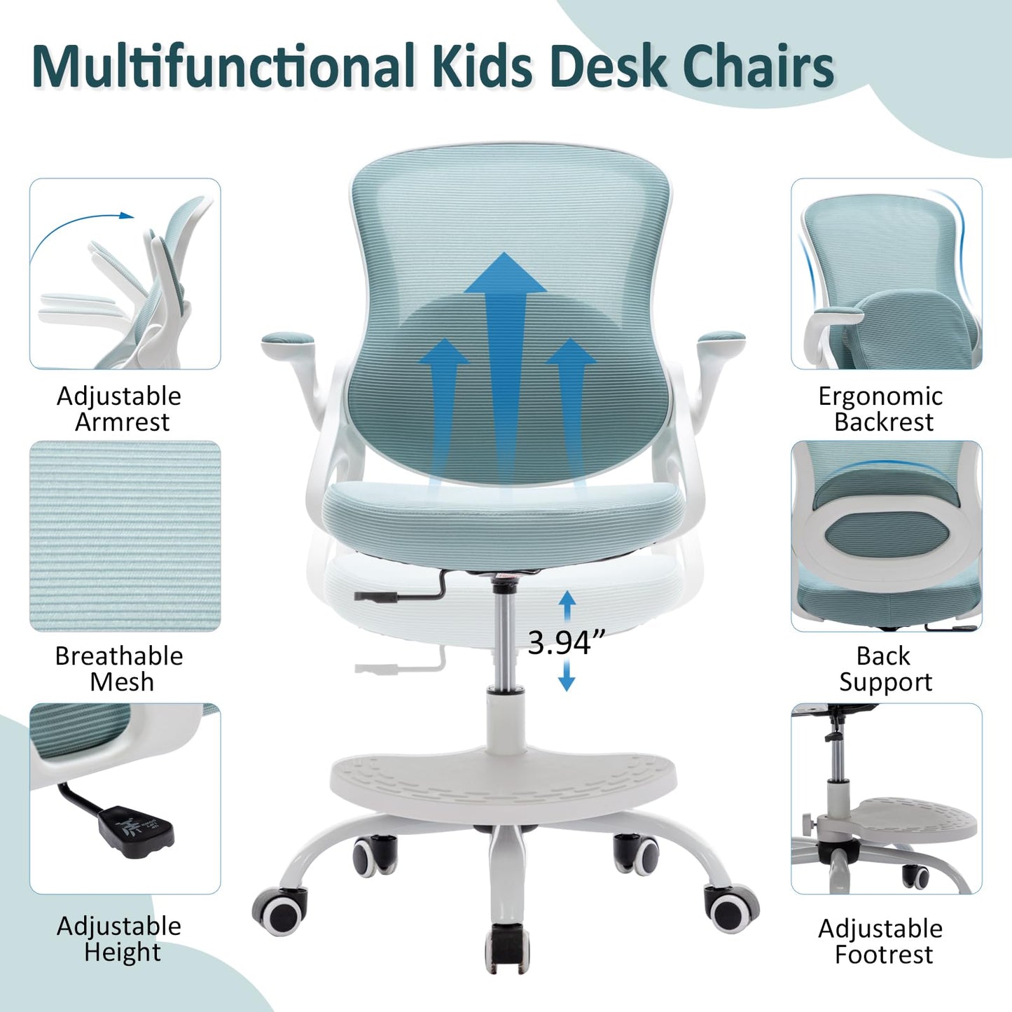 Kids Desk Chair,Ergonomic Study Chair with Adjustable Height,Swivel Mesh Desk Chair with Wheels,Home Office Chair for Children in Home Bedroom Blue