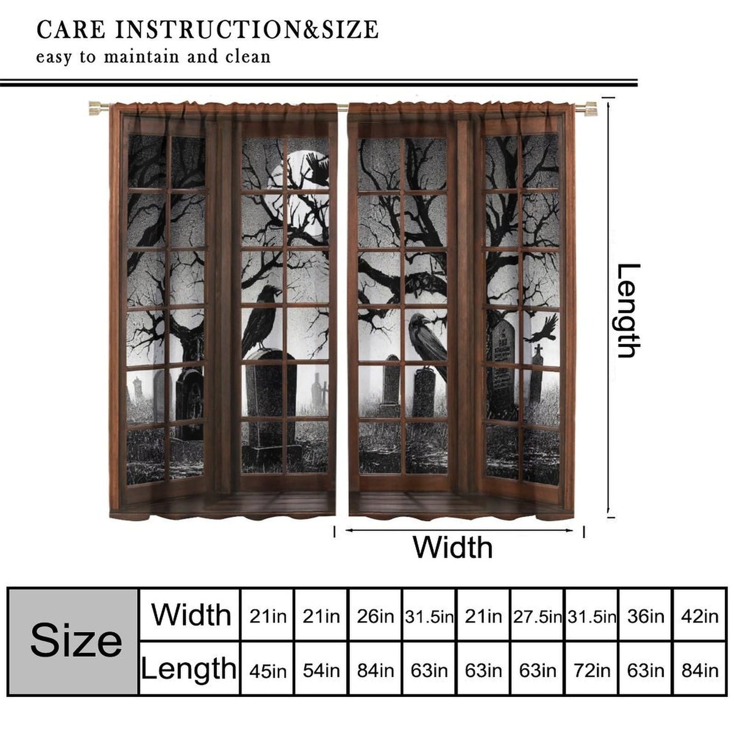 JanJCurt Misty Cemetery Curtains, Halloween Spooky Scary Forest Scenery Gothic Black Crow 3D Print Blackout Window Treatments for Kids Boys Bedroom Livingroom Holiday Decor, 42" W X 45" L
