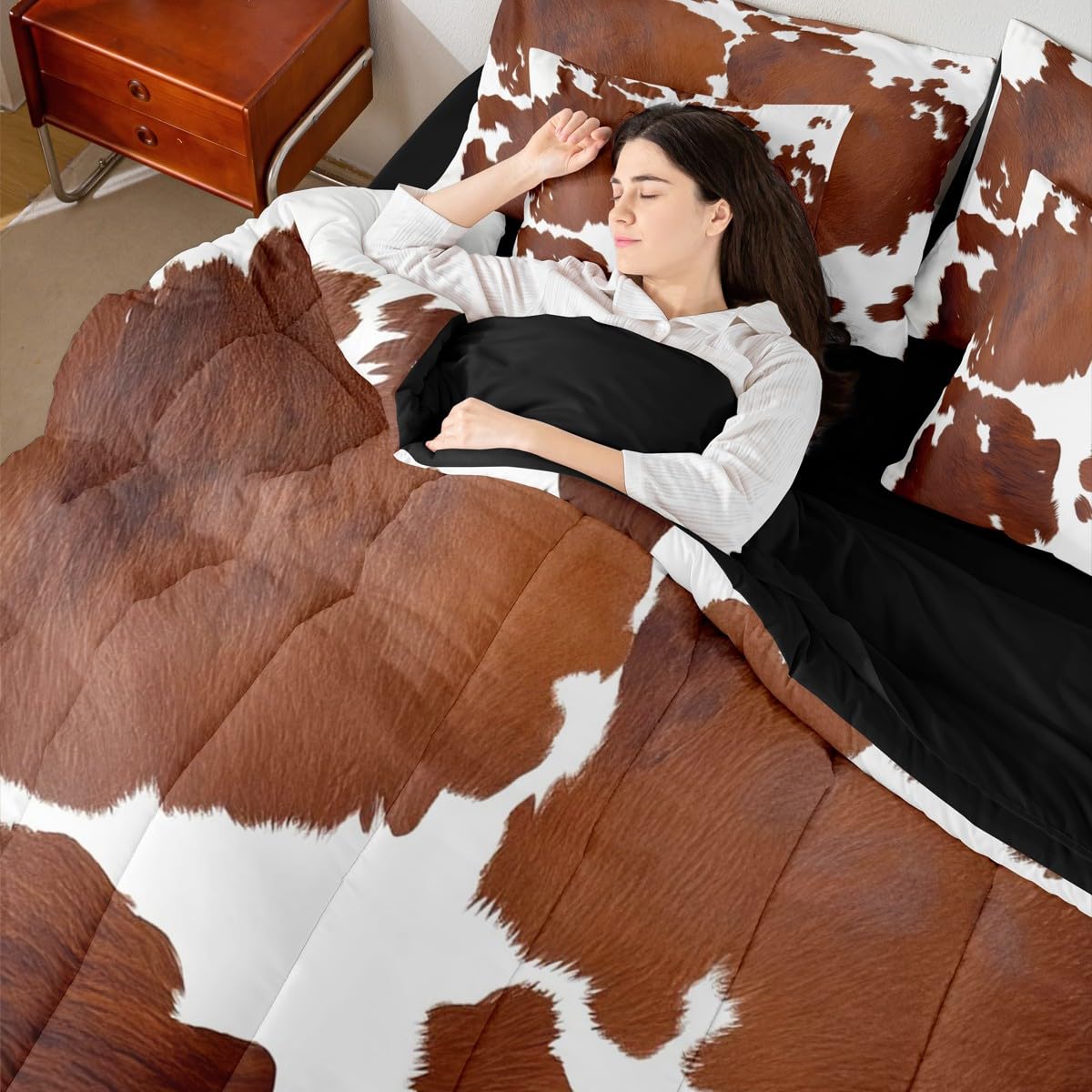 Erosebridal Brown Cowhide King Bedding Set 7 Piece for Boys Cute Cow Print Bed in A Bag for Kids Teens Youth Adult Western Animal Hair Comforter Set with Sheetrustic Farmhouse Bed Sets