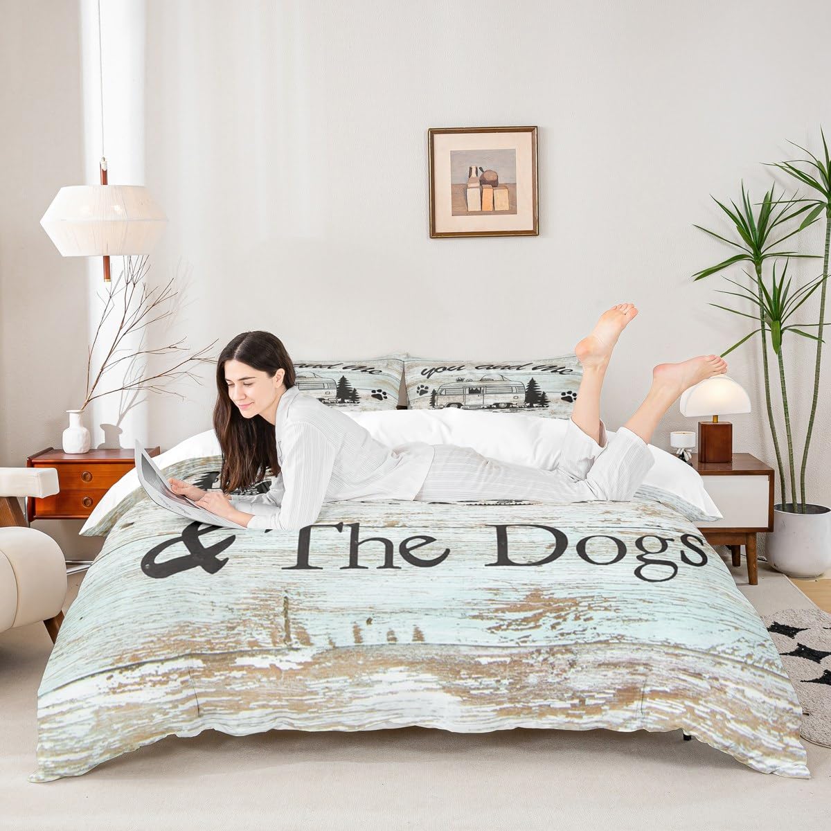 Happy Camping Duvet Cover Set Queen Size, Camper Truck Bedding Set 3pcs for Kids Boy Girls, Adventure Theme Dog Lover Comforter Cover Rustic Farmhouse Quilt Cover with 2 Pillowcases,No Comforter