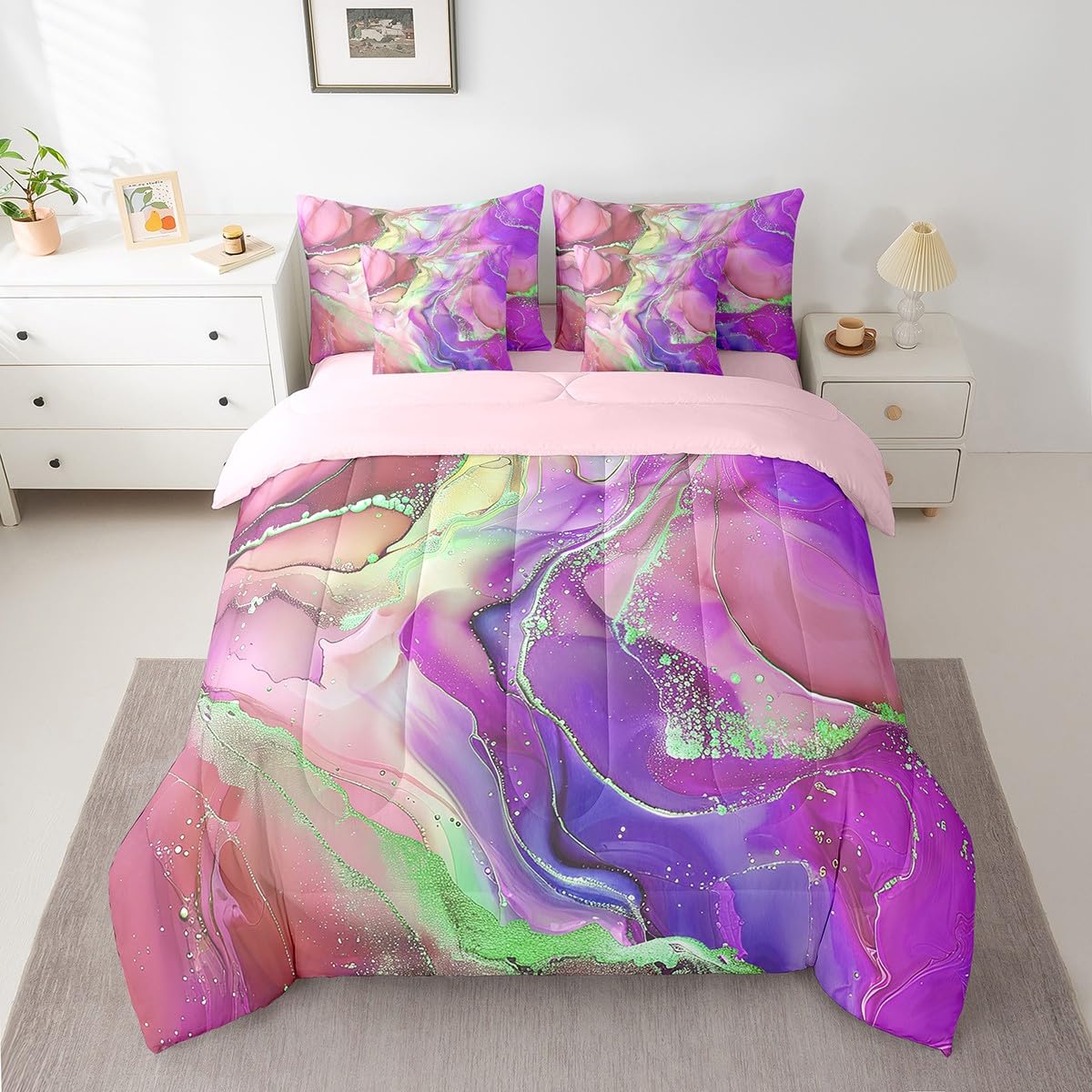 Girly Pink and Purple Bedding Full Size 7pcs Aesthetic Marble Comforter Set for Girls Women, Foil Print Bedding Comforter Sets Mountain Fluid Bed in a Bag, Rainbow Tie Dye Bedding Accessories