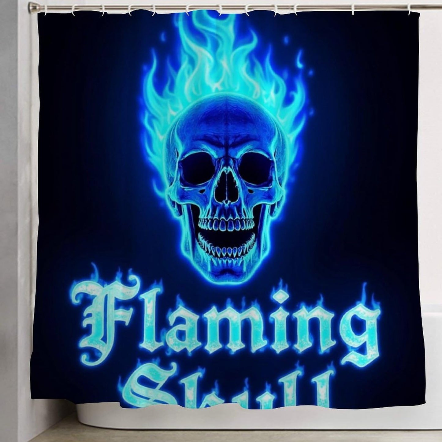 Fashion Hotel Bathroom Decorative Shower Curtain with Hooks, Blue Flaming Fire Skull Waterproof Lightweight Shower Curtain