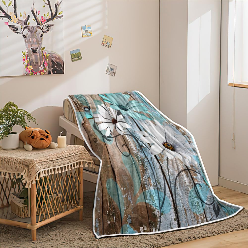 JAWO Farmhouse Flower Floral Throw Blanket, Rustic Teal Turquoise Daisy Fleece Cozy Warm Bed Couch Blanket, Country Blue Fleece Flannel Throws to Decorate the Room and Bedroom Warm Blanket 50X60IN