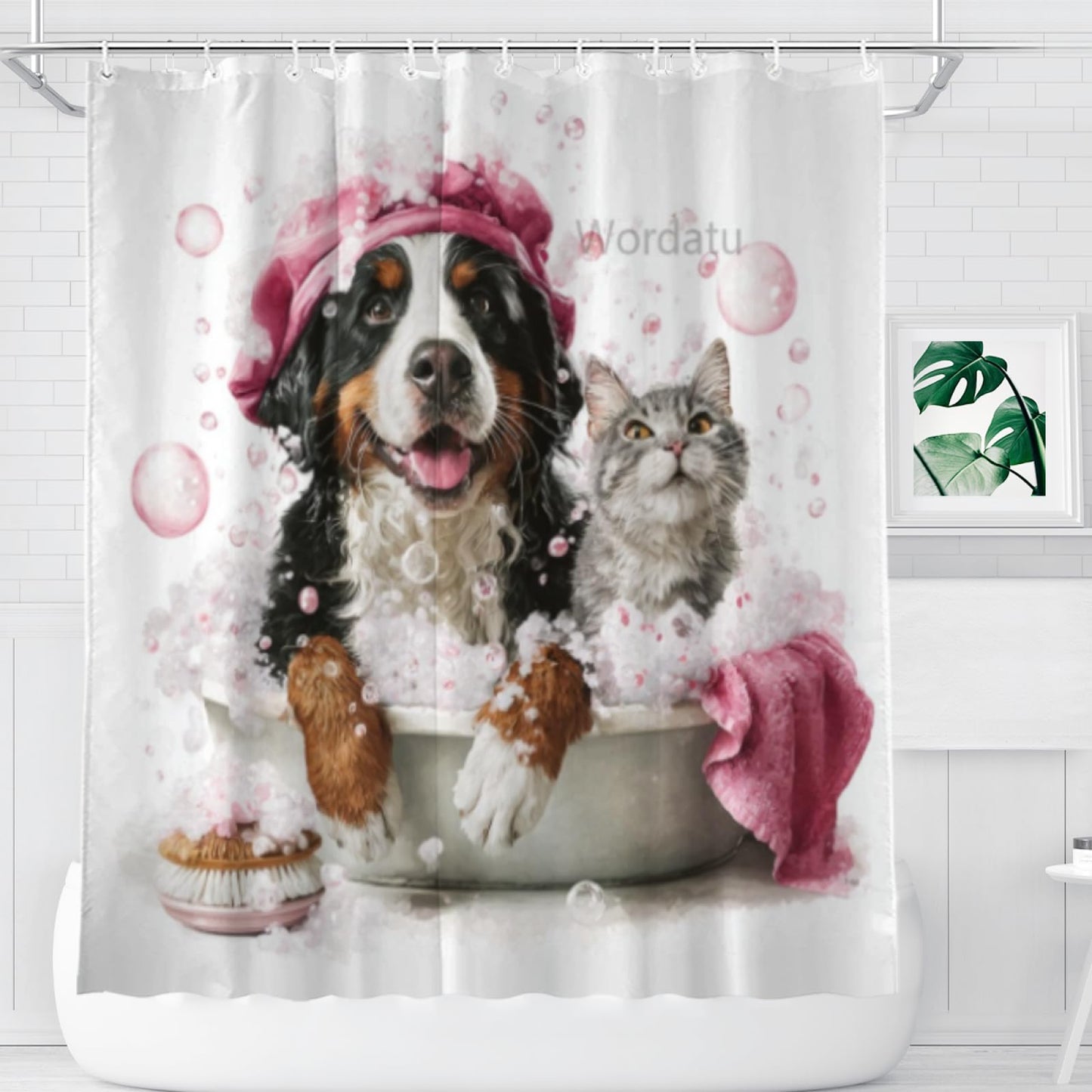 Wordatu Funny Bernese Mountain Shower Curtain Decor Fabric Bathroom Curtains, Kids Children Cartoon Waterproof 72x72 inch with 12 Hooks