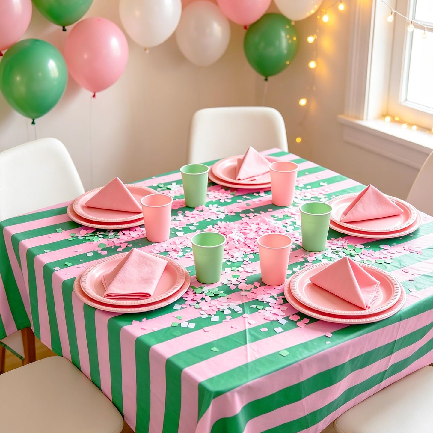 JarThenaAMCS 6Pcs Stripe Plastic Tablecloth Disposable Table Cloth Pink Green Rectangle Table Cover for Birthday Baby Shower Wedding Party Picnic Supplies, 54 x 108 Inch