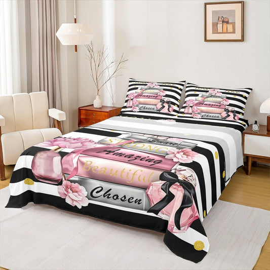 Erosebridal Black and Pink Bed Sheets King Size Girly Inspirational Cute Sheet Set for Girls Women You are Black and White Striped Modern Sheets Books Perfume Fashion Girls Flower Bedding Set