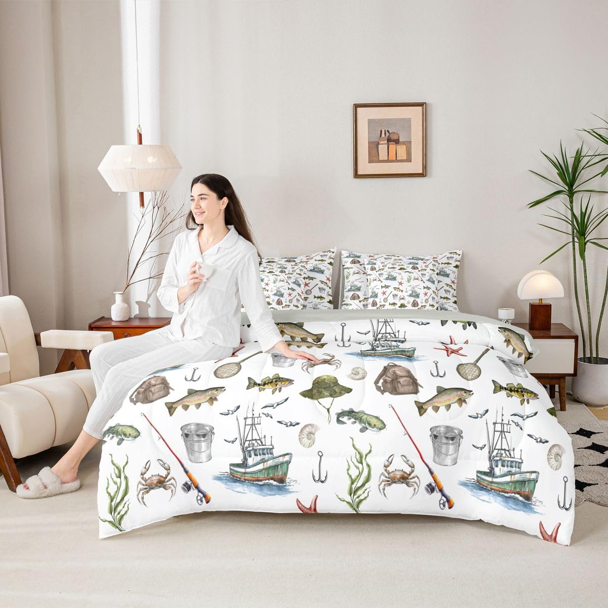 Erosebridal Fishing 7-Piece Bed in a Bag Full Size for Kids Boys Teens | Hunting Pike Fish Bedding Set Kids Hunting and Fishing Comforter Set with Sheets Pike Fishes Duvet Insert