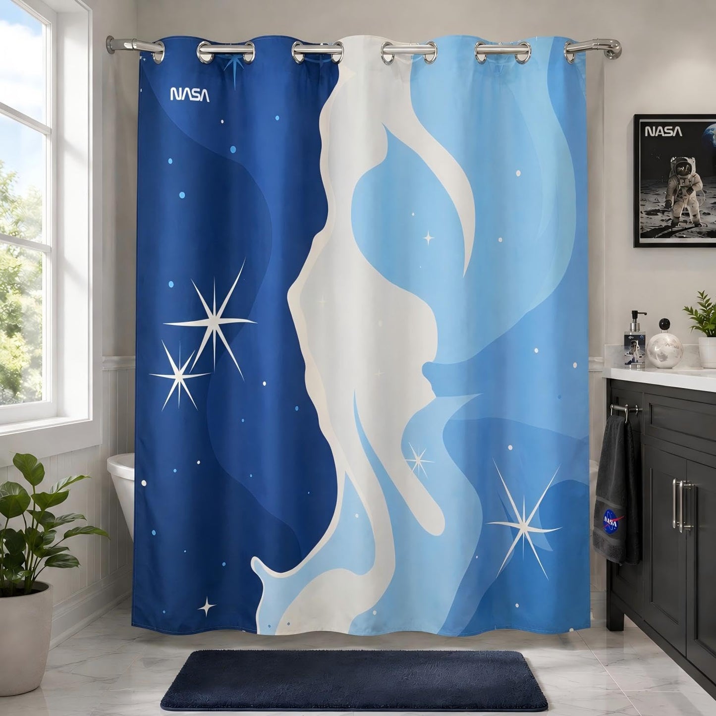 DRIFTED ROOT NASA Licensed No Hook Shower Curtain Set, Carina Cascade Nebula Cloud Design, Space Poster Art, Oxford Cloth, Bathroom Hotel Decor (Carina Cascade-Blue, 72" W x 74" L (Pack of 1))